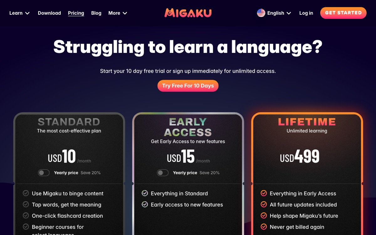 Migaku's pricing page: Standard at $10 a month, Early Access at $15 a month, and Lifetime at $499