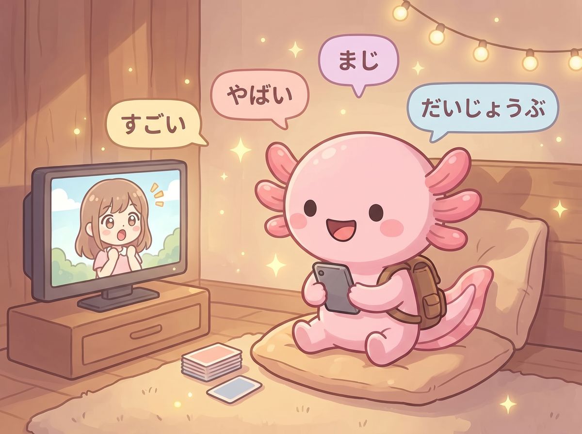 Aio the axolotl sitting on a cushion with a phone, watching an anime girl on TV, surrounded by word bubbles reading すごい, やばい, まじ and だいじょうぶ.