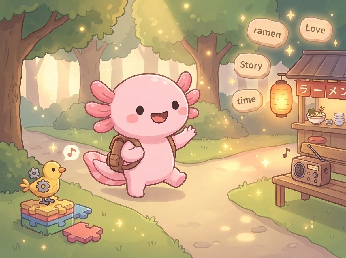 Aio the axolotl at a forked path, waving goodbye to a wind-up toy bird on puzzle tiles and walking toward a ramen stand and radio.