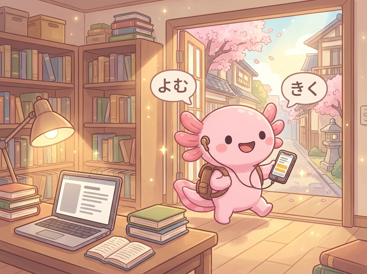 Aio the axolotl walking out of a cozy library full of books and a laptop, earbuds in and phone in hand, toward a sunny Japanese street with cherry blossoms.