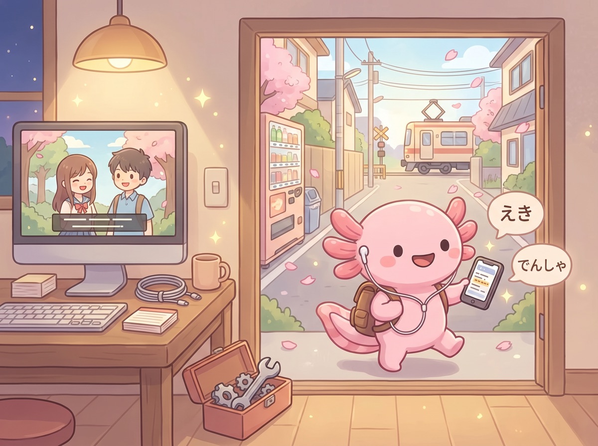 Aio the axolotl walking out of a cozy study with a big computer monitor, earbuds in and phone in hand, toward a sunny Japanese street with a train crossing.