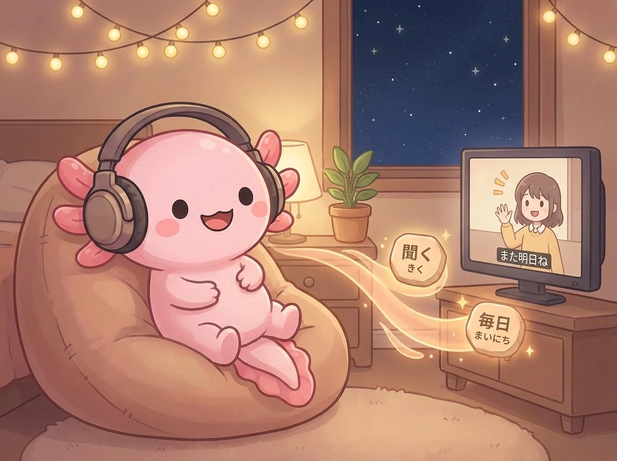 Aio the axolotl relaxing on a beanbag with headphones, watching a TV with Japanese subtitles as glowing word stones drift out.