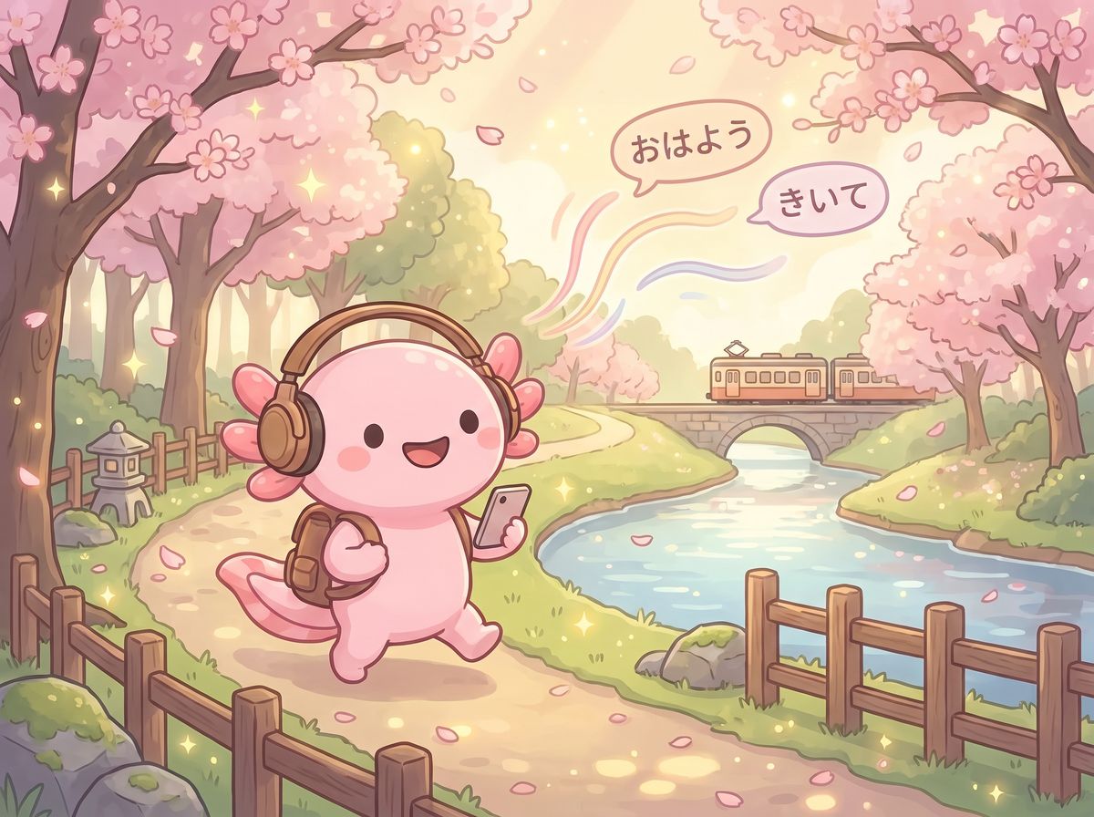 Aio the axolotl walking along a riverside path under cherry blossoms, wearing headphones and holding a phone, with a small train crossing a bridge behind.