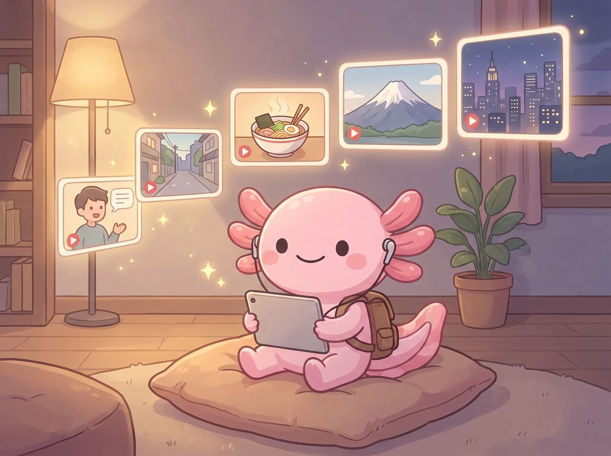 Aio the axolotl sitting on a floor cushion with a tablet and earbuds, below a rising staircase of video screens showing a person talking, a street, ramen, Mt. Fuji and a city at night.