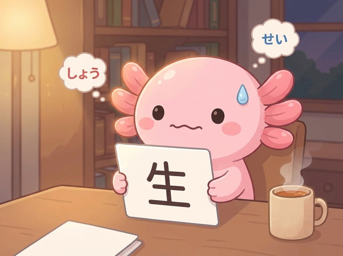 Aio the axolotl looking puzzled at a flashcard showing the kanji 生, with thought bubbles reading しょう and せい.