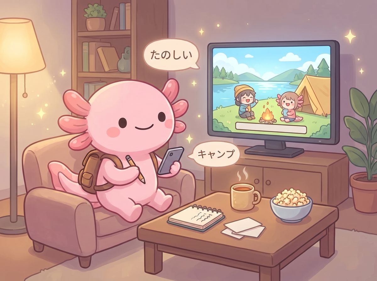 Aio the axolotl on a sofa with a phone and pen, watching a camping anime on TV, with a notebook, flashcards, tea and popcorn on the table.