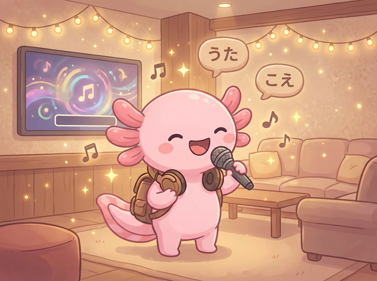 Aio the axolotl singing happily into a microphone in a cozy karaoke room with string lights and music notes.